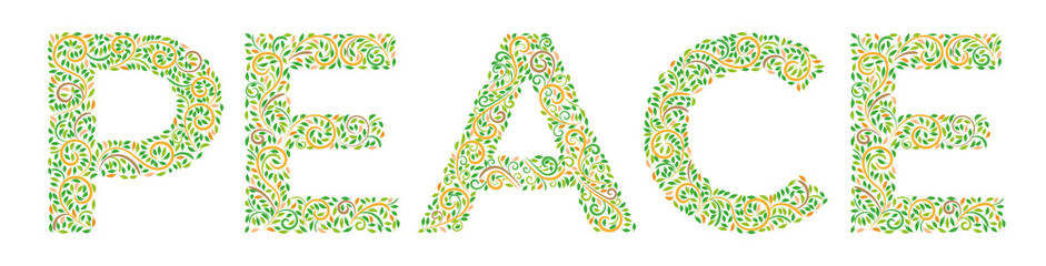 Word Peace in indian ornament in oriental style on white. Lettering with incredible ethnic ornament