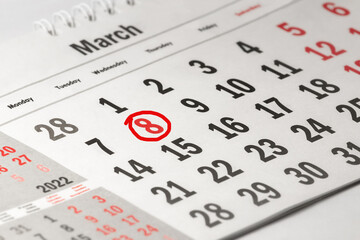 The holiday is March 8 in the calendar.Calendar for 2022 with a circled date of March 8.