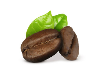 Aromatic roasted coffee beans and fresh green leaves on white background