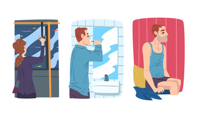 People daily routine set. Man waking up and brushing his teeth. Businesswoman using public transport cartoon vector illustration