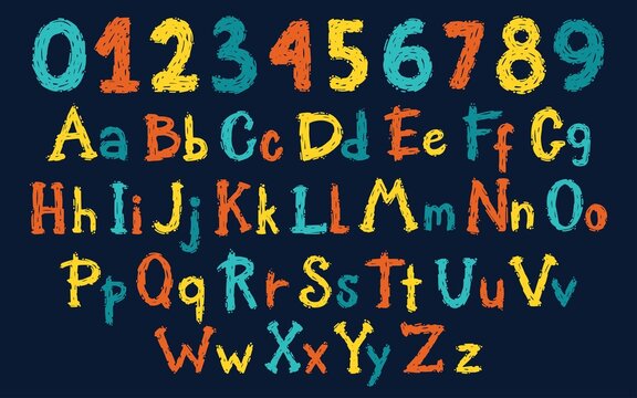 Rock grunge graffiti stamp abs, numbers. Vector English Alphabet in cartoon hand-drawn brush style. Colorful letters on a dark background. Ideal for baby names, birthday cards, kids t-shirt prints.