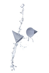 Paper cup, conical shape with water splash, used for drinking water isolated on white background