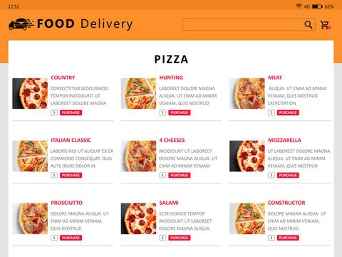 Food delivery app. Display with appetizing menu