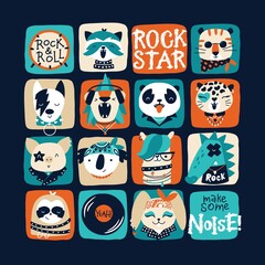 Rock star. Retro Poster with vector collection of rock animals and graffiti lettering for kids. Hand drawn cartoon musicians in funny doodle style. For prints on baby clothes, posters, punk parties.
