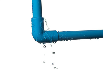 leaked and splash water from pvc plastic pipe isolated on white background