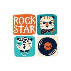 Rock star. Vector retro poster. Leopard and tiger musicians. Cartoon doodle characters and inscription graffiti for kids in funny doodle style. For printing on baby clothes, posters, invitations.