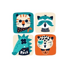 Rock and Roll animals musical band. Vector retro poster. Cartoon doodle characters for kids in funny doodle style. For printing on baby clothes, posters, invitations, cards, rock punk parties.