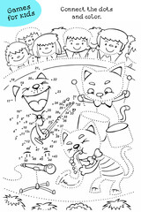 Musical cat show. Activity coloring page for kids. Educational game. Connect dots from 1 to 50.
