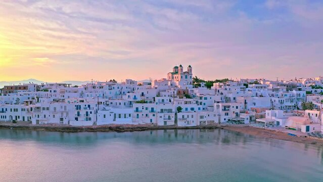 Sunrise on greek island Paros. Greece architecture of Aegean sea culture