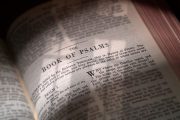 The Bible opened to the Book of Psalms lit through a church window - obrazy, fototapety, plakaty