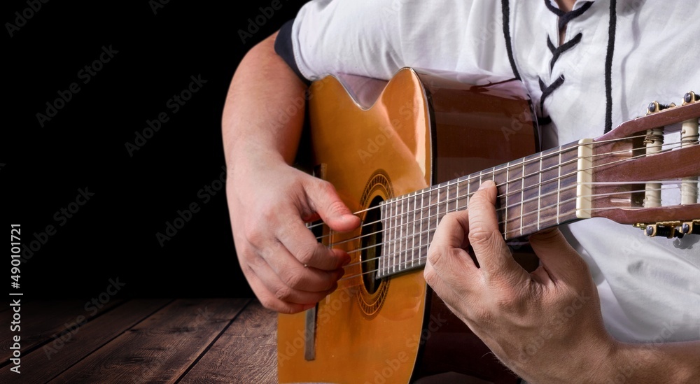 Canvas Prints Guitarist male hands playing the guitar. Classical concert, performance, show.