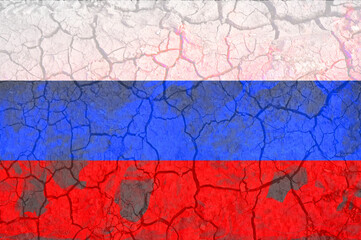 Russian flag on the background of cracked earth war in ukraine Flags of Russia and Ukraine kalashnikov weapon war
