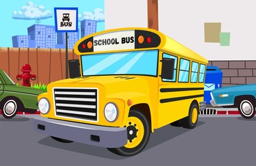 School bus in the street parking lot.Background back to school.Cartoon style