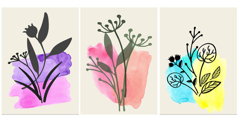 Set of cards with watercolr spots. Multicolor greeting cards.Spring and autumn flowers design with hand drowning watercolor background.