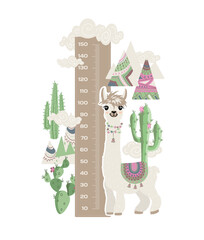 Stadiometer llama for kids Meter wall or height chart centimeter and foot, pastel colors, animal isolated on white background.