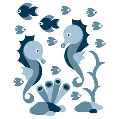 Cute seahorse, cartoon water animal , underwater plants and fish. Vector illustration on white background.