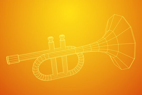 Trumpet Pipe Fife Musiacal Instrument. Wireframe Low Poly Mesh Vector Illustration.