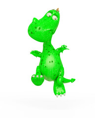 baby dragon is jumping and looking down because he is afraid on white background