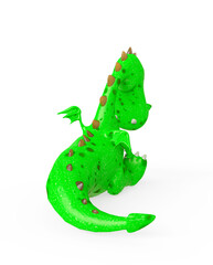 baby dragon is sitting and sad on white background hear view