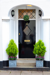 Close up of a front door on a town house with 2 potted plants either side. Home, first timer buyer, new house concept