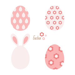 Easter eggs are painted with a flower, an egg with ears, a rabbit, flowers. Spring baby print, Vector simple illustration. Pastel colors, pink, grey, mother's day, farm, easter, spring day, garden.
