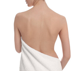 Back view of woman with perfect smooth skin on white background, closeup