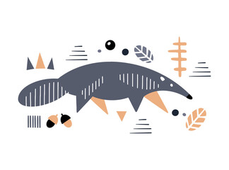 Cute decorative anteater. Animals of Central and South America. Scandinavian hand drawn vector illustration. Minimalistic geometric icon. Baby print for nursery.