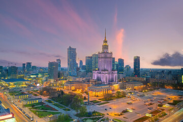Aerial photo of  Warsaw city downtown skyline in Poland