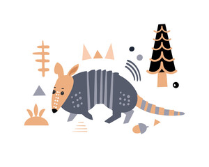 Cute decorative armadillo. Animals of Central and South America. Scandinavian hand drawn vector illustration. Minimalistic geometric icon. Baby print for nursery.