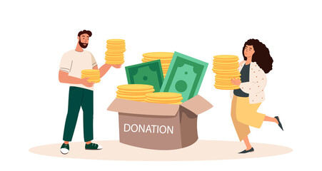 People donating money, Gold coins,cash money,fimance.Charity, support and donation concept.Humanitarian charitable help.Philanthropy.Savings,capital.Flat vector illustrations isolated white background
