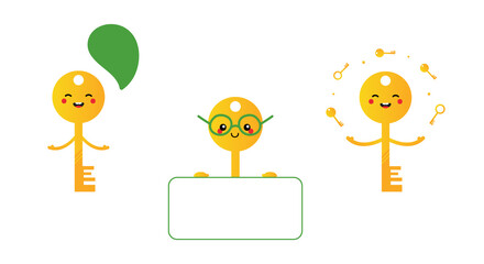 Cute cartoon style golden key characters having fun, juggling little keys, talking, holding card.