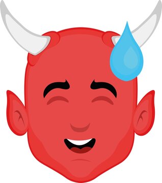 Vector illustration of the face of a cartoon devil with an embarrassed expression and a drop of perspiration falling from his head