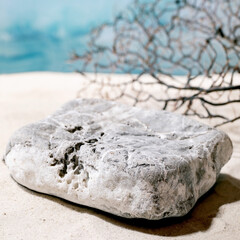 Summer sand sea beach with waves and stone podium