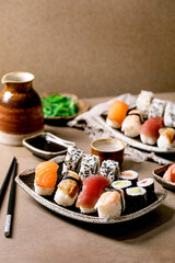 Japanese dish sushi and rolls rice with fish - 490107934