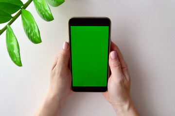 Close-up of a woman's hand holding a mobile phone with a vertical green screen on a light table