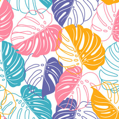 Colorful monstera leaves on white background vector pattern
