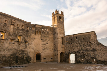 The Piazza Grande courtyard in the medieval 12th century Beseno Castle in Lagarina Valley in Trentino, north east Italy. The biggest castle in the region
