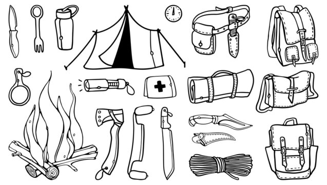 Survival Gear Kit Vector Illustration. Bushcraft Outdoor Adventure Prepper Survival Equipment. Set Of Hiking And Camping Items In Outline Doodle Style.