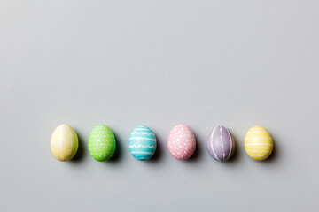 holiday preparation Multi colors Easter eggs on colored background . Pastel color Easter eggs. holiday concept with copy space