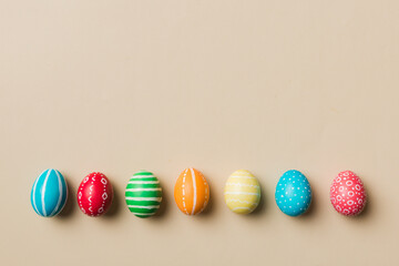 holiday preparation Multi colors Easter eggs on colored background . Pastel color Easter eggs. holiday concept with copy space