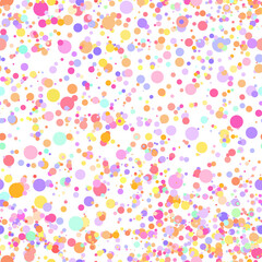 Abstract hand drown polka dots background. White dotted seamless pattern with rainbow circles. Template design for for Birthday, party holiday, banner, textile, fabric. Summer confetti illustration