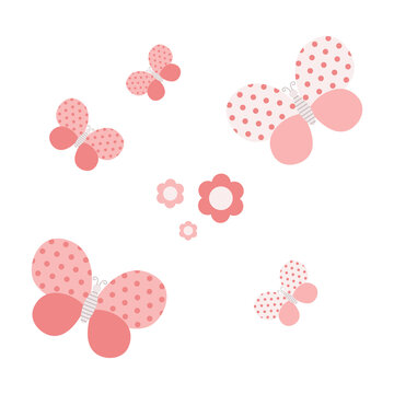 Cartoon butterfly with polka dot wings. Spring baby print, Vector simple illustration. Pastel colors, pink, grey, mother's day, farm, easter, spring day, garden. For fabric, background, cover, paper