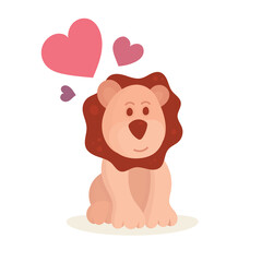Lion in love. Cute lion and hearts drawing illustration in cartoon style. Part of set.