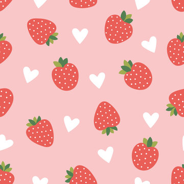 Cute Pink Strawberry And Love Hearts Seamless Vector Pattern, Background, Wallpaper, For Gift Wrap, Fabric, Valentines Day