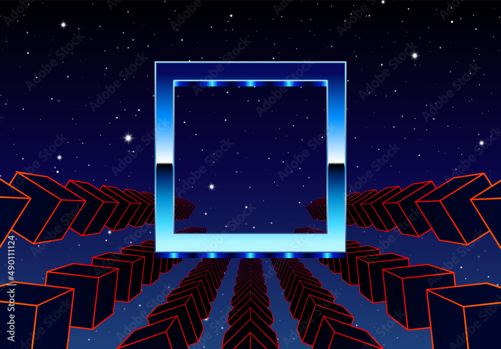 Poster Synthwave frame with chrome square and 80s styled synthwave arcade game landscape.