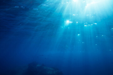 Sun rays underwater in blue tropical ocean with clear water and fish