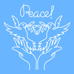 Peace. Composition of a pair of doves with olive branches in their beaks flying from human hands. White linear drawing on a blue background with the lettering peace.