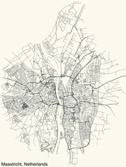 Detailed navigation black lines urban street roads map of the Dutch regional capital city of MAASTRICHT, NETHERLANDS on vintage beige background - obrazy, fototapety, plakaty
