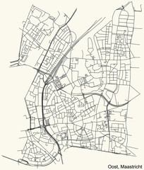 Fototapeta na wymiar Detailed navigation black lines urban street roads map of the OOST DISTRICT of the Dutch regional capital city Maastricht, Netherlands on vintage beige background
