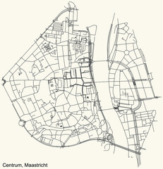 Detailed navigation black lines urban street roads map of the CENTRUM DISTRICT of the Dutch regional capital city Maastricht, Netherlands on vintage beige background